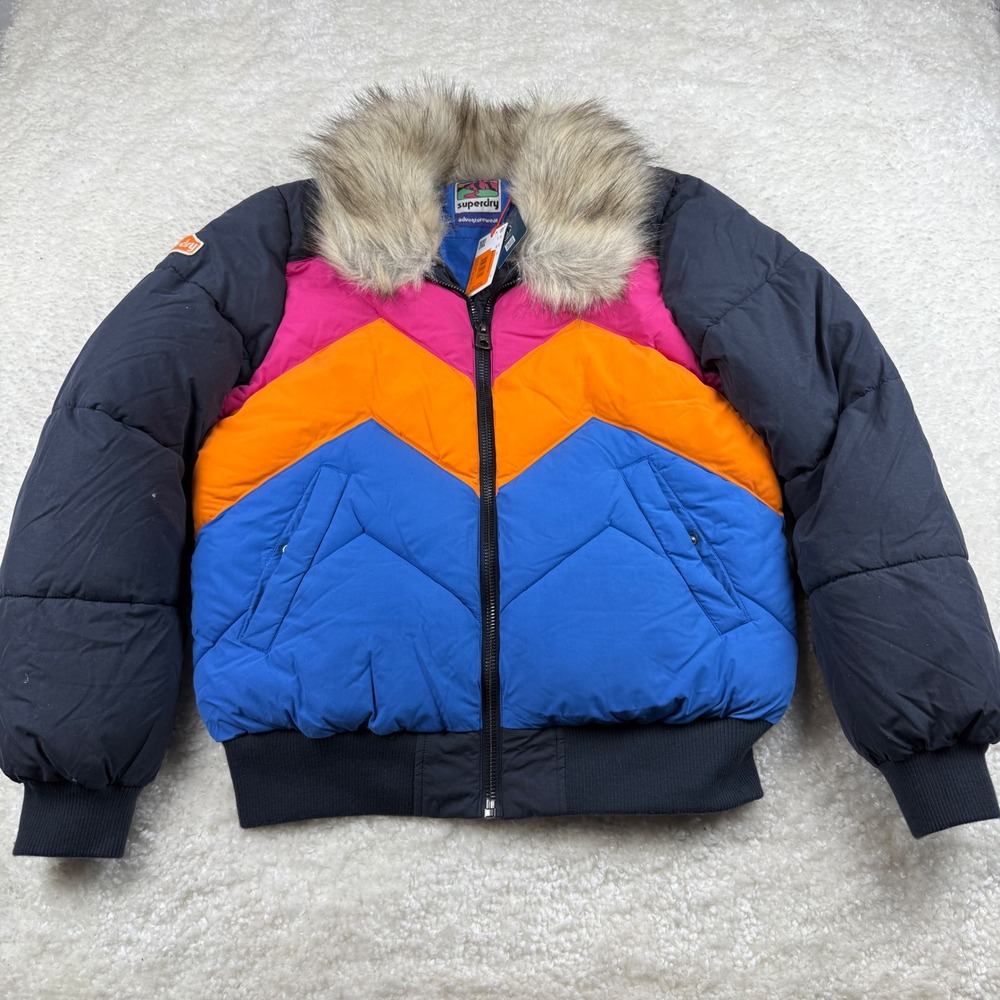 Superdry Vintage Retro Puffer Jacket Womens 10 Multi-Color Faux Fur W5011177A